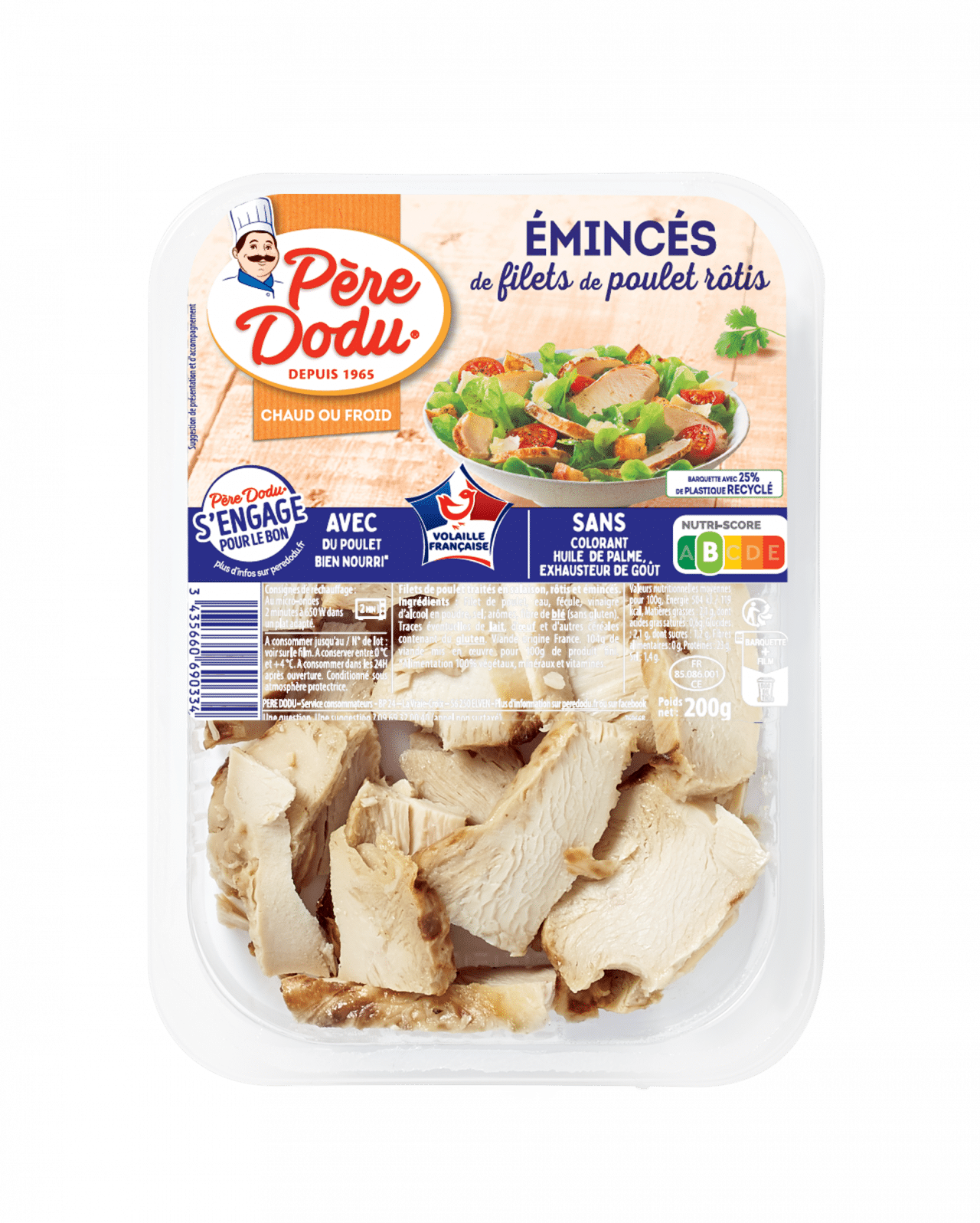 Packshot des émincés de poulet nature Père Dodu