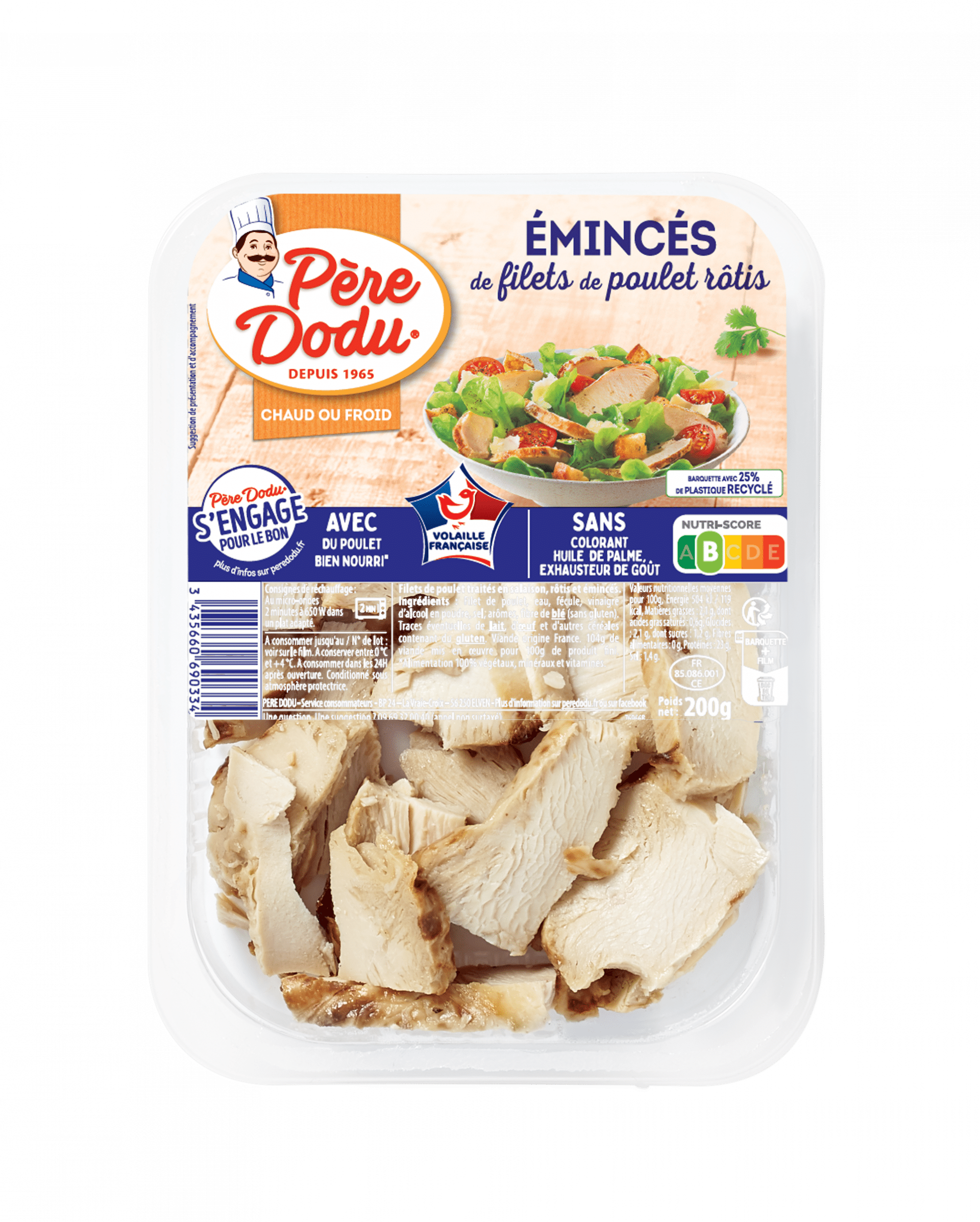 Packshot des émincés de poulet nature Père Dodu